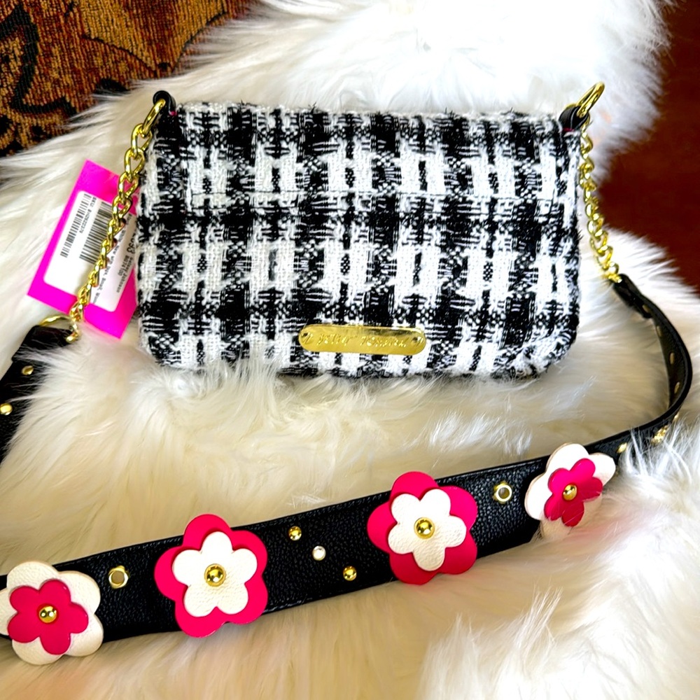 Betsey Johnson Black and White Tweed  Shoulder Bag with Flower Charm Strap